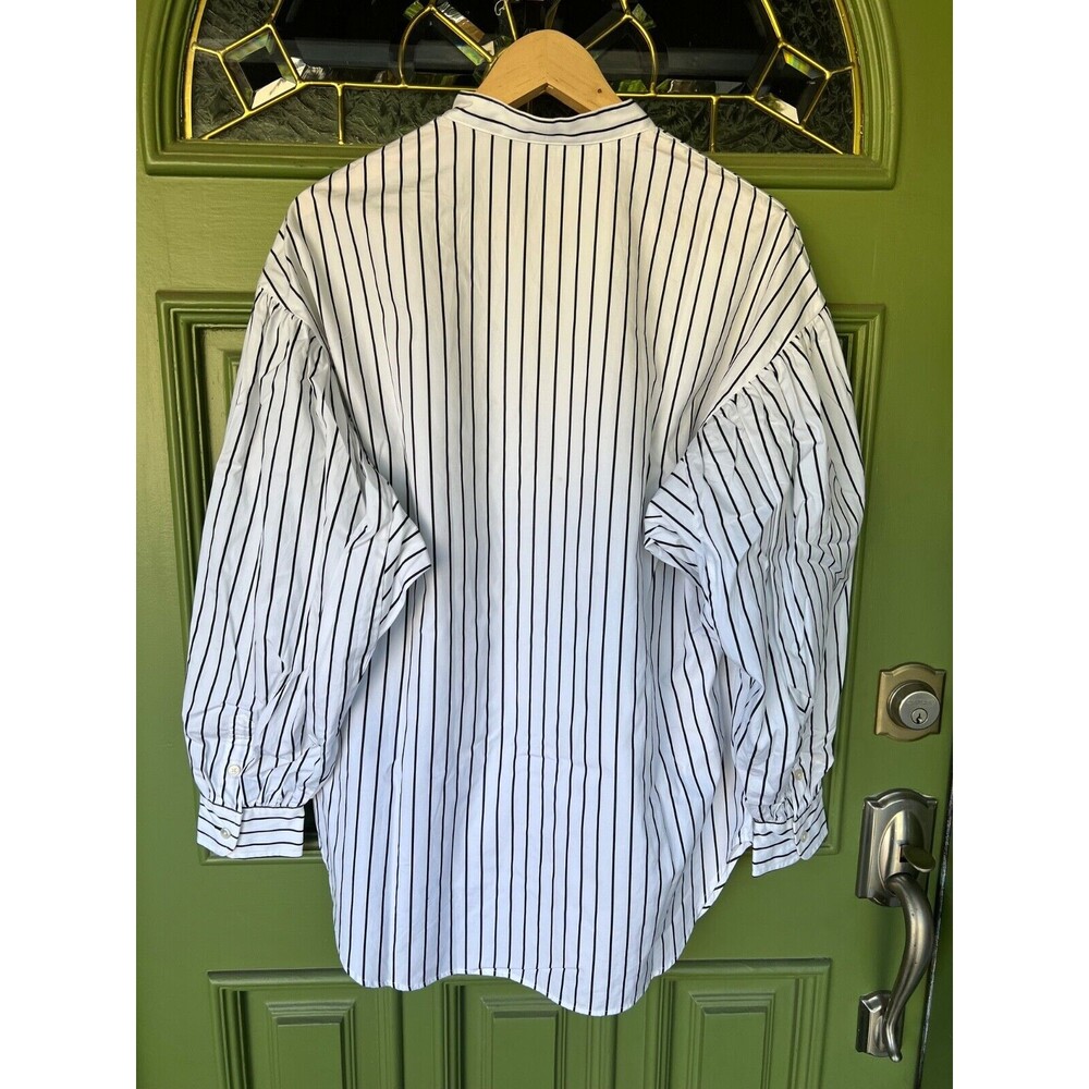 Ralph Lauren Black Label Collarless Tunic Striped Blouse Puffy Sleeves | Size 10 - Picture 2 of 15